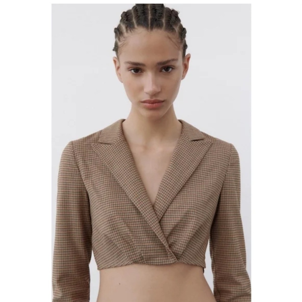 Zara Cropped Glen Plaid Zip Blazer Brown Check Tailored Jacket Women’s Medium